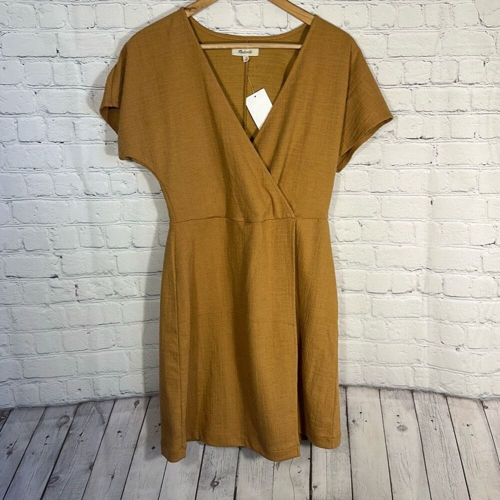 Madewell Dress Women's Small Mustard Natural Cross Front Flutter Sleeve Minidres